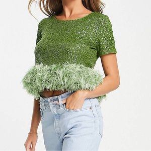 Jaded Rose short sleeve sequin crop top with faux feather, XS